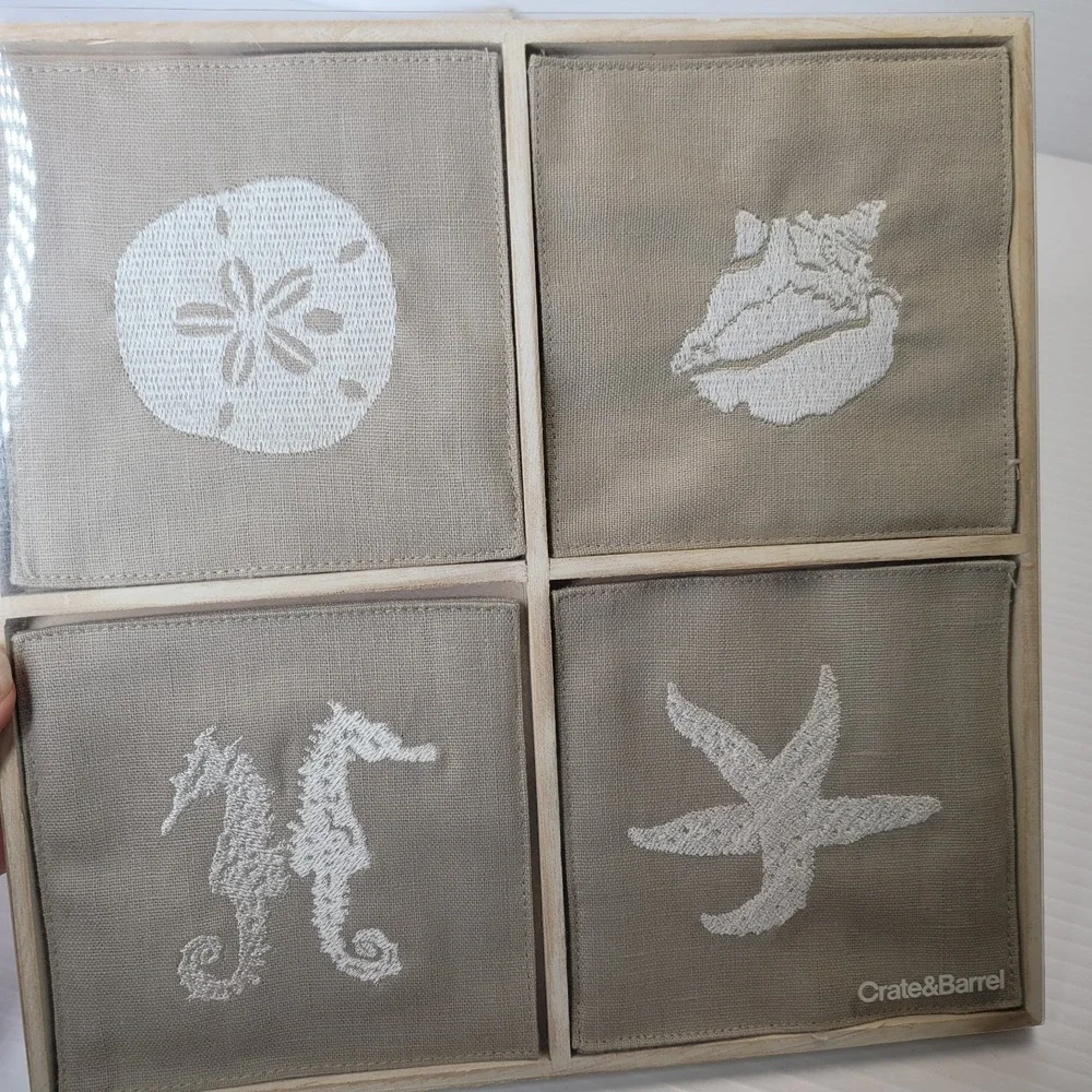 2 Crate & Barrel Linen/Cotton Blend Seaside‎ Coasters Sets Seahorse Starfish NEW